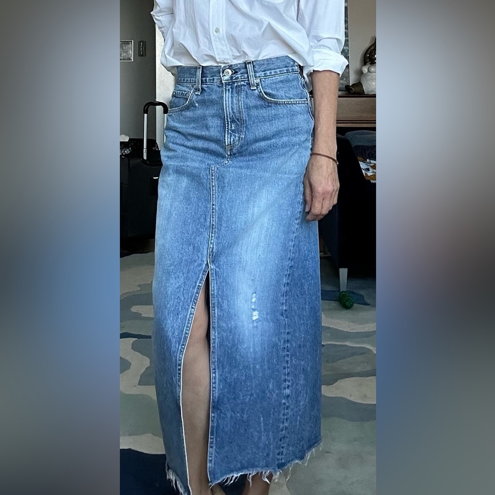 Rag & Bone raw edges heavy denim centre front/back slits maxi skirt, size 26